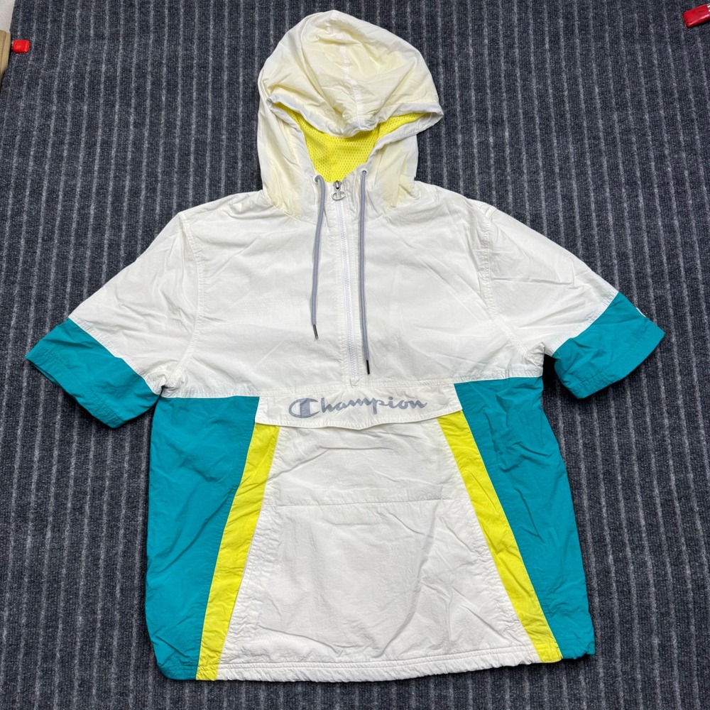 Champion Short Sleeve Windbreaker Medium White Teal Yellow Anorak (2174)